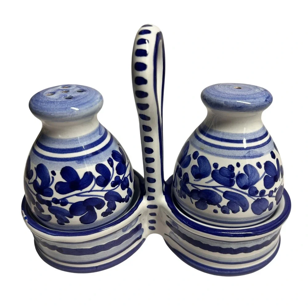 Vtg‎ Deruta Italian Pottery Salt Pepper Shakers w/ Caddy Blue White Majolica